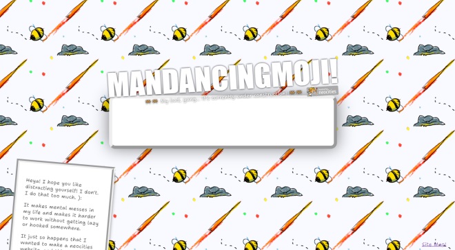 A scaled down JPEG image of a website page. It has a pattern of bees, thunder clouds, and an orange streak in the background. A header reads out "MANDANCINGMOJI!" (stylized in all capital letters), hovering over a white box. There's also a blurb note on the left side of the image.